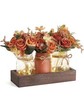 Mason Jar Centerpiece Rustic Table Decor with Flowers Lights Farmhouse Tray